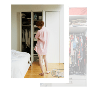 Startbild Salespage Frau vor Kleiderschrank